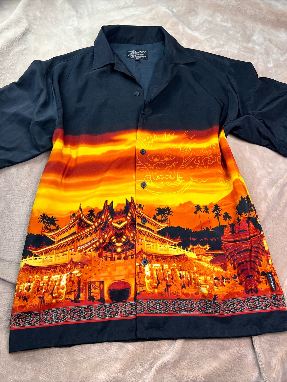 MECCA Black and Orange Oriental Graphic Short Sleeve Button-Up Shirt - Sz M